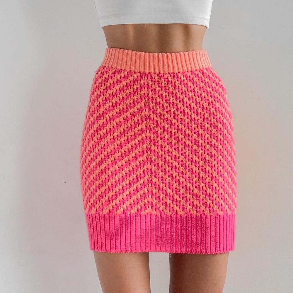 For Love & Lemons‎ Jacida Knit Crochet Stretch Skirt Bright Pink & Orange Small - Picture 3 of 7